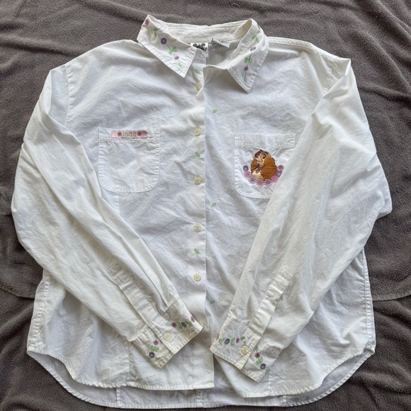 Disney Vintage Tops - Vintage Disney Store Lady Embroidered Button Shirt Womens 2X Cotton White